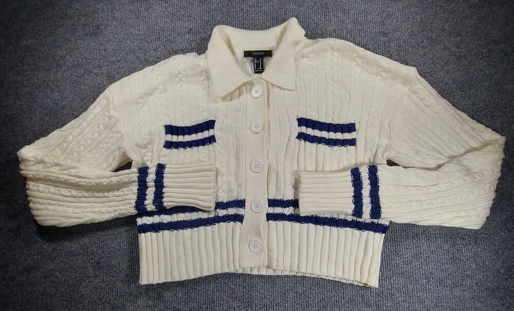 Forever 21 Cable Knit Polo Cardigan Sweater Women's Medium Cream Navy Stripe